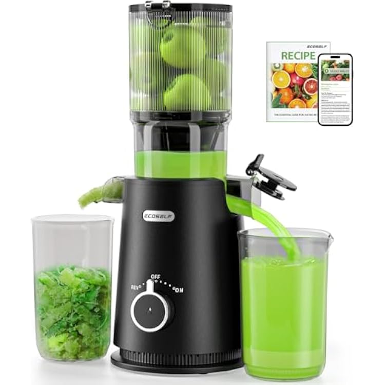 ECOSELF Cold Press Juicer - Wide Mouth Hopper for Fruits & Vegetables & Leafy Greens - Juicer Machines with Self Feeding - Hands-Free Design - Juice Extractor Machine Easy to Clean With Brush
