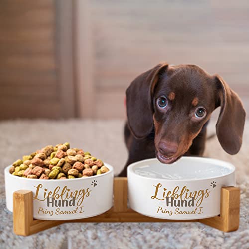 Hundenapf Keramik personalisiert mit Namen „Lieblings-Hund“ | Napf-Set mit/ohne Ständer | Doppelnapf Futternapf Fressnapf Trinknapf | große kleine mittelgroße Hunde Futterstation (2X 500ml, Gestell)