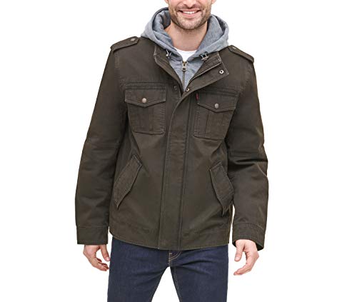 Image of Levi's Men's Washed Cotton Hooded Military Jacket (Regular & Big & Tall Sizes), Dark Brown/Quilted Lining, XL