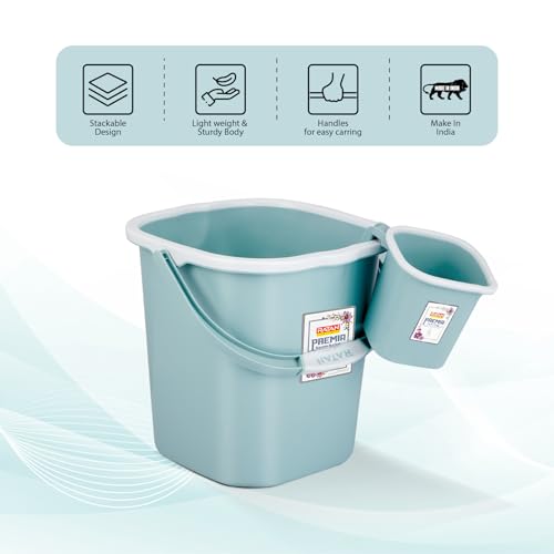 Image of RATAN PLASTICWARE Premia Bathroom Set (Bucket 18L X 1) + (Mug 1.5L X 1) + (Small Stool X 1) - Mint|Light Weight and Easy to Carry|Perfect for Use in Bathrooms, Kitchen & Wet Utility Areas