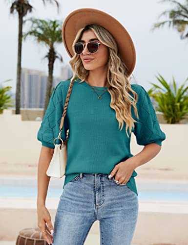 Image of Womens Short Sleeve Sweaters Crewneck Knit Pullover Tops 2025 Summer Casual Lightweight Crochet Blouse Shirt