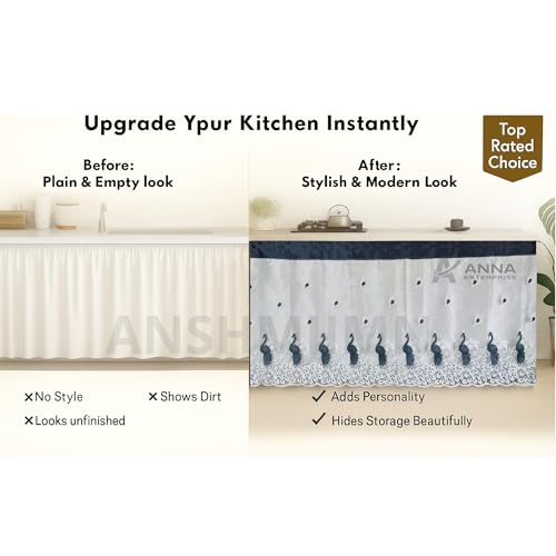 Image of Embroidered Kitchen Sink Curtain with Rod Pocket | Decorative Under Sink Cabinet Curtain | Floral & Peacock Design | Washable Fabric | Size: 150 x 71 CM (Gray, Pack of 1)