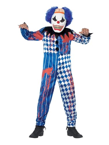 Smiffys Disfraz de payaso siniestro deluxe, con traje entero, careta de goma EVA, cerebro y pelo sujetados Halloween