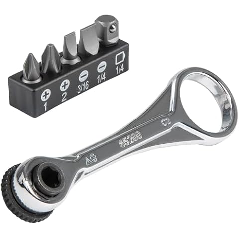 Klein Tools 65200 Ratchet Set, 5-Piece Mini Ratchet Set with Phillips, Slotted, and Adapter for Other Socket Sizes, For Tight Spaces Cover