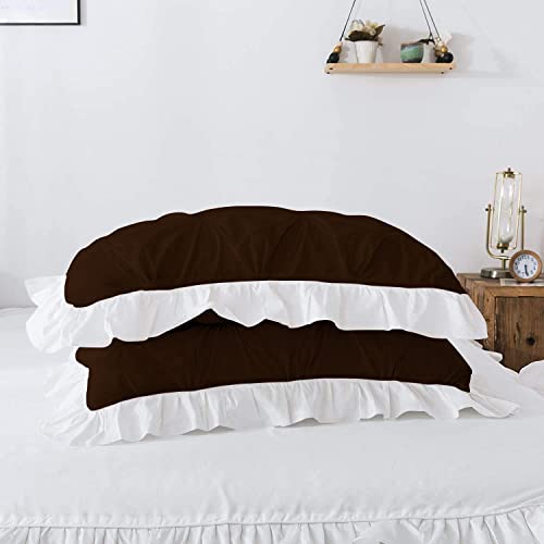 Image of 300 TC Pinch Ruffle 2 Tone Duvet /Razai /Blanket Cover with 2 Pillow Cover- 100% Cotton (Zipper Closure) Razai Cover 3 PC Set, Soft & Lightweight-Double Size White /Chocolate