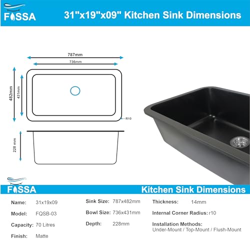 Image of Fossa 10-Year Warranty 31 inchx19 inchx9.5 inch Pure Quartz Kitchen Sink Single Bowl with Basket, Round Coupling, Waste Pipe Black (Matte Finish)