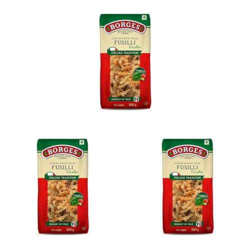 Image of Borges Tricolour Fusilli Pasta - 500 gm | Imported from Italy | Include Real Tomatoes & Spinach | No added colour (Pack of 3)