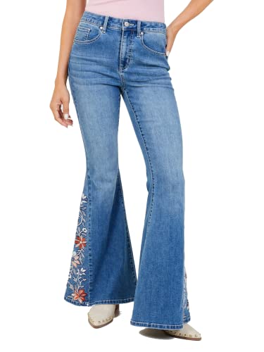 Altar’d State Women s Lainey Flare Jeans, Wide Leg Flower Patterned Blue Jeans with Zip Fly, Flower Embroidered Denim Pants, Size 24
