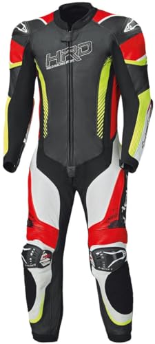 Held Brands Hatch perforierte 1-Teiler Motorrad Lederkombi, schwarz/weiß/rot/gelb, 110