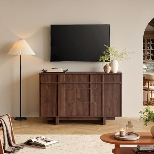 Image of Sideboard Buffet Cabinet with Storage, 47.2 inch Large Sideboard with 2 Doors & 3 Drawers, Mid Century Modern Credenza with Skeleton Line&Wood Grain for Living room, Kitchen and Entryway, Walnut