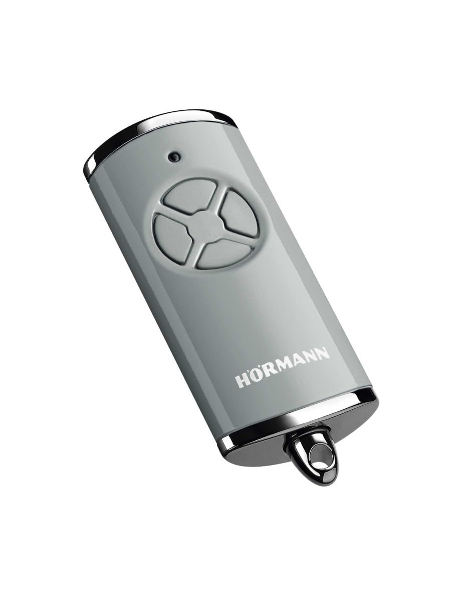 Hörmann HSE 4511577 HSE 4 BS - Mando a distancia para puerta de garaje con tapas cromadas, pilas, 28 x 70 x 14 mm, incluye llavero