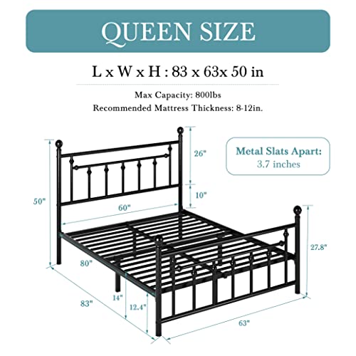 Hoomic Queen Size Metal Platform Bed Frame/Victorian Style Iron-Art Headboard And Footboard / 14 Inches Mattress Foundation For Storage/No Box Spring Needed/Easy Assembly/Black #TOP1