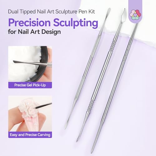Image of SAVILAND Nail Art Sculpture Pen: 3PCS Sculpting Nail Art Tools Solid Builder Gels Dual-Head 3D Gel Pen Nails Dotting Tool 3D Sculpting Gel Nails Art Design Tools for Salon Home DIY