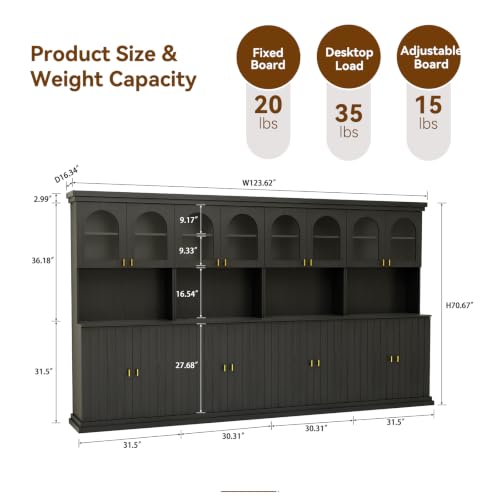 Image of ivaniti 71 inch Farmhouse Kitchen Pantry Cabinet Set of 4 with Arched Glass Doors, Black Freestanding Coffee Bar Hutch with Microwave Stand and Adjustable Shelves for Kitchen