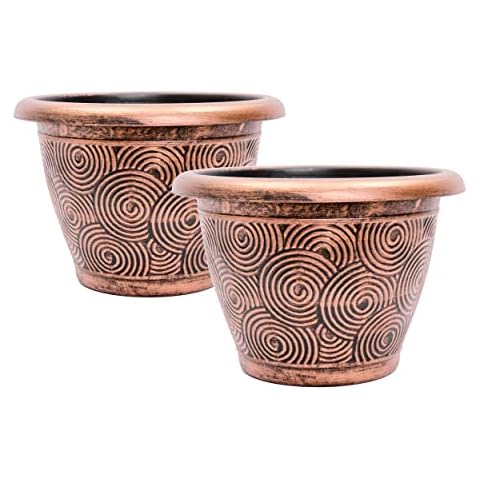 Sapphire USA Set of 2 Circle Pattern Small Decorative Plastic Planter 10X7 inches for Indoor Outdoor Nursery Garden Patio Office and Home Decor (Concentric, Copper) Cover