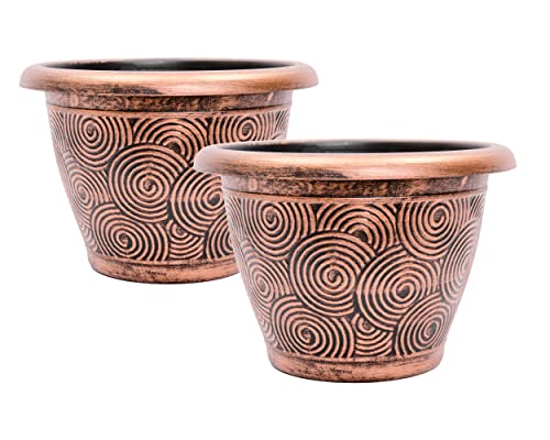 Set of 2 Circle Pattern Small Decorative Plastic Planter 10X7 inches for Indoor, Outdoor, Nursery, Garden, Patio, Office, Home Decor Use. Long Lasting, Reusable Light Weight (Concentric, Copper) by Sapphire USA - Used condition - US$12.75