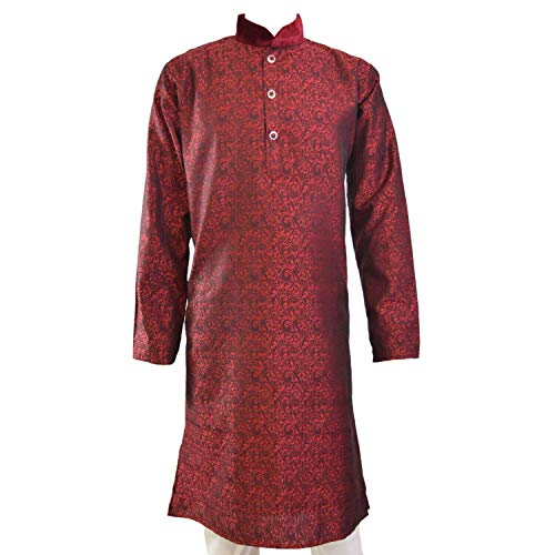 kacery Men's Indian Fancy Jacquard Kurta Pajama Sherwani Traditional Outfit AY1080.5/Red2 38