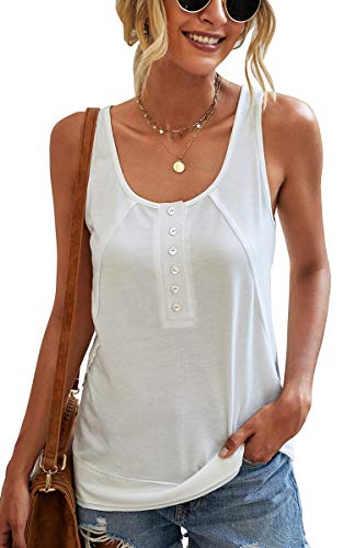 ECOWISH Women Sleeveless Solid Color Button Scoop Neck Tank Tops Summer Casual Classic Basic Vest Shirts White Medium