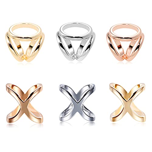 MiaLover Pack of 6 Scarf Rings Brooch Ring Clip Women's Alloy Clips Simple Triple Fashion Closure for Scarves and (Two Styles, Three Colours), Silver