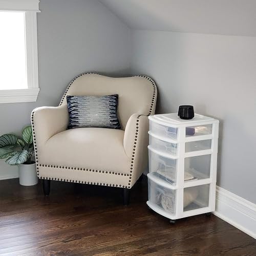 HOMZ Drawer Tower, 4-Tier Clear Plastic Storage Organizer Cart, White Frame – Rolling Containers with Wheels for Bathroom, Bedroom, Office, and Classroom Organization by HOMZ - Used condition - Image 9