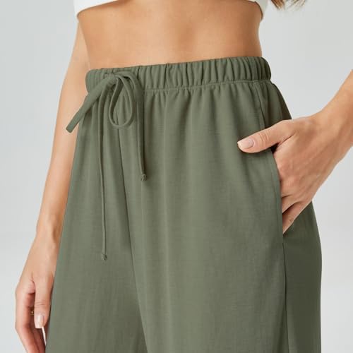 Glacspyg Damesbroek, flowy brede pijpen, vrijetijdsbroek, casual, strand, hoge taille, trekkoord, palazzo broek met zakken, grijsgroen, S