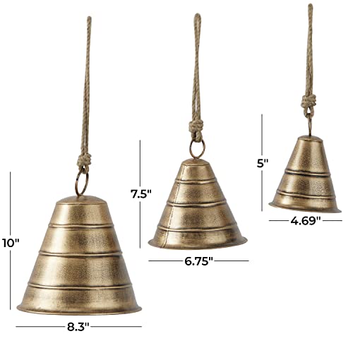 Deco 79 Metal Tibetan Inspired Meditation Decorative Cow Bell With Jute Hanging Rope, Set Of 3 10",8",5"H, Brass #TOP2