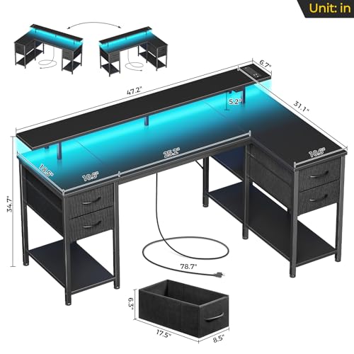 Seventable Gaming Desk with Drawers, 47.2 Inch L Shaped Desk with Storage Shelves, Small Office Desk with LED Lights & Power Outlets, Black Corner Computer Desk with Monitor Stand for Bedroom - Thumbnail 3