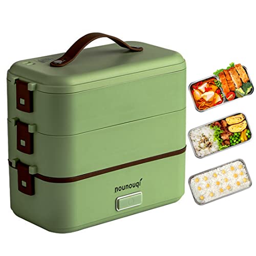 【Amazonブランド 】3段式炊飯器 Nounouqi ポータブル 炊飯器 一人用 弁当 温め 小型 暖房クックご飯 ご飯が炊ける弁当箱 蒸し 炊飯できる 温め機能 ステンレス ランチボックス 生米を調理 単独のダイニング 1.5合 2合(グリーン, 3