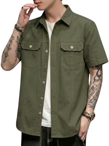 Image of SMOWKLY Men's Casual Solid Printed Cotton Regular Fit Shirt || Half Sleeve, Button Down, Double Front Pocket || Denim Jacket Style Fashionable Western Outfit