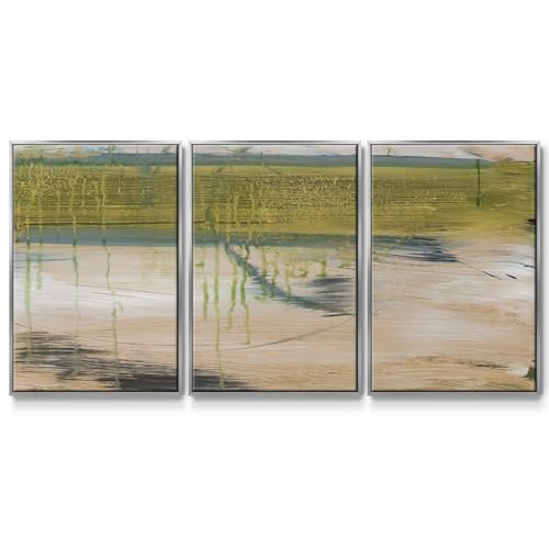 Renditions Gallery Abstract Wall Art Clear Lake and Green Grass Painting Modern Home Décor Artwork 3 Pieces of Silver Framed Canvas Prints Wall Decorations for Bathroom and Kitchen 26x40 Inch LS008