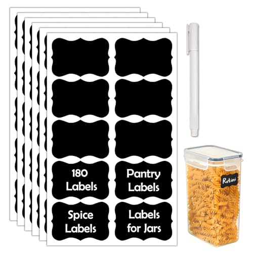 JIEHENG 180Pcs Chalkboard Labels for Jars Waterproof Reusable Blackboard Stickers with 1 Liquid Chalk Markers Organization Labels Removable (Black Wavy)