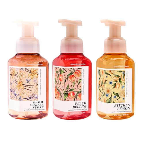 Bath & Body Works Warm Vanilla Sugar Peach Bellini & Kitchen Lemon Gentle & Clean Foaming Hand Soap Bundle - Germ-Cleansing Hand Soap with Gentle Cleansing & Conditioning Formula - Thoughtful Gift