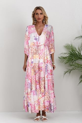 Image of Women Short Sleeve V Neck Floral Print Casual Bohemian Maxi Dresses