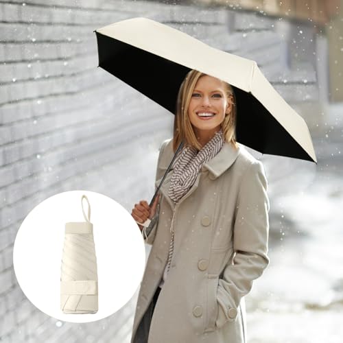 ZMDMAH Mini parasol ultrakompaktowy, ultra lekki parasol kieszonkowy z 99% ochroną przed promieniowaniem UV i UPF50+, odporna na uderzenia tkanina, stalowy drążek, powierzchnia parasola 91 cm, beżowa