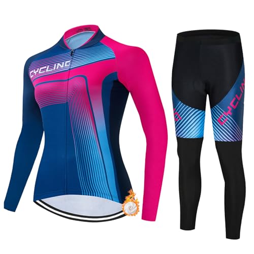 Conjunto Ciclismo Mujer Invierno Maillot Bici MTB Polar Térmico Ropa Ciclista,Traje Bicicleta Chaquetas Ciclo Manga Larga y Pantalones Largos con 19D Gel Acolchado,Completa de BTT Jerseys|11,XL