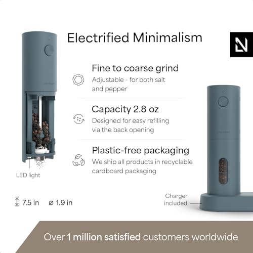 Image of LARS NYSOM Electric Salt and Pepper Grinder Set, USB Rechargeable, Automatic Salt and Pepper Mills, Spice Shakers Refillable with LED Light, Adjustable Coarseness, Ceramic Grinder (Stone Blue)