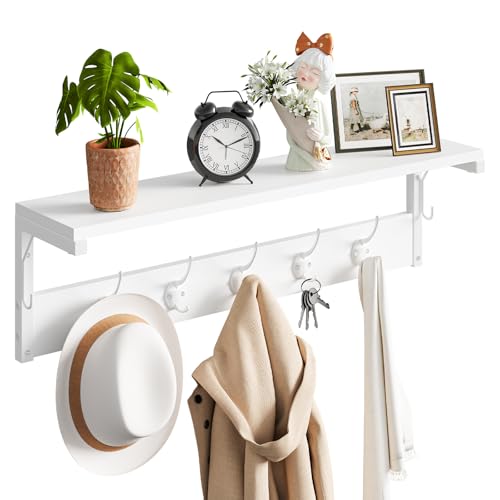 HOOBRO Wandgarderobe, Wandregal mit 7 Haken und Ablage, Hängeregal mit Garderobenleisten, Wandmontage, für Flur, Wohnzimmer, Küche, Weiß EWT16YM01