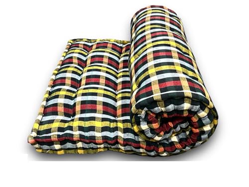 Image of ATOOTFUSION Small Single 5-Inch Thick Cotton Box Quilt Toshak Mattress | Medium Firm | Foldable & Reversible | White and Black Checkered Design | 72x30x5 Inches