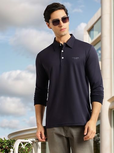 Image of Thomas Scott Men's Regular Fit Polo Performance T-Shirt | Viscose Rayon Fabric | Solid Knitted Polo Collar | Long Sleeves | Soft, Breathable & Comfortable Casual Wear for Men