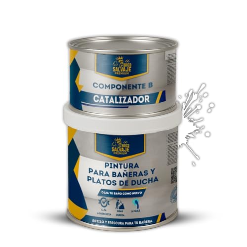 Pintura para Bañeras y Platos de Ducha de Poliuretano | 750 ml (600+150 ml) | Acabado Satinado Cerámico | Dos Componentes | Impermeable y Resistente | Fácil Aplicación (Niebla de Invierno)