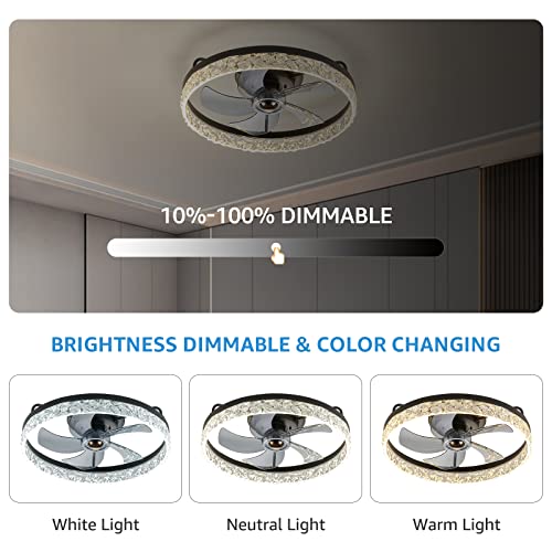 Crossio Modern Flush Mount Ceiling Fan With Lights 20" Low Profile Ceiling Fan With Remote Control Bladeless Ceiling Fan Dimmable Chandelier Fan For Bedroom Kitchen #TOP2