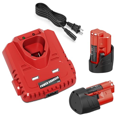 Adedad 2 Pack 3500mAh Battery and Charger Kit with Dual USB Rapid Charger Compatible with Milwaukee M12 Cordless Tool 12V Lithium-Ion Battery Pack