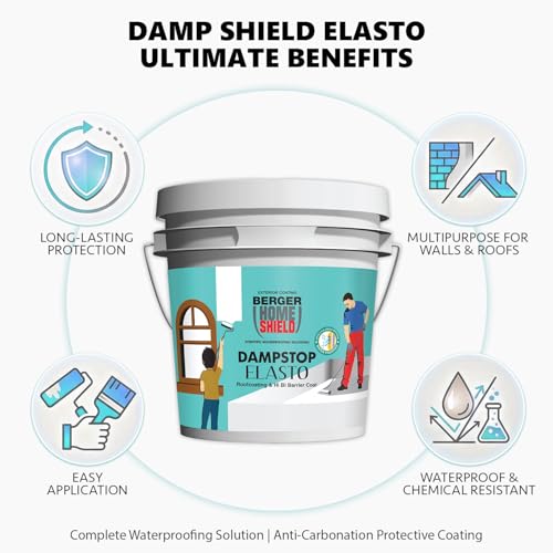 Image of BERGER HomeShield Dampstop Elasto Waterproofing Membrane Damp Proof Basecoat for Exterior Walls Self Priming Anti-Carbonation Solution (20L, White)