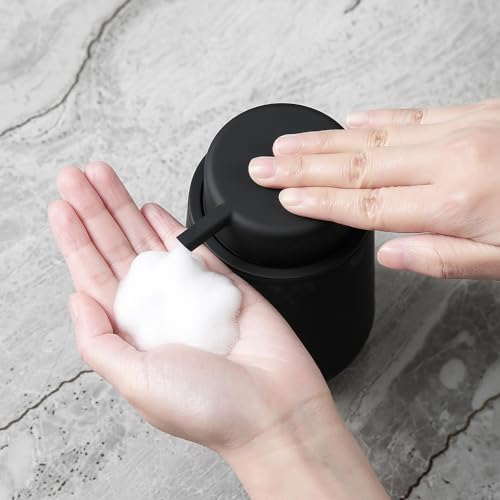 Image of YAUKPH Matte Black Foaming Hand Soap Dispenser Plastic 11 oz - Modern Minimalist Style for Bathroom & Kitchen Countertop Refillable