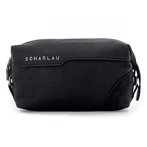 Scharlau Trousse de Toilette ROOSE - Cuir de Vachette de qualité supérieure - Convient pour Les Hommes et Les Femmes pour Les Voyages, Noir, 19x12,5x8cm, Moderne