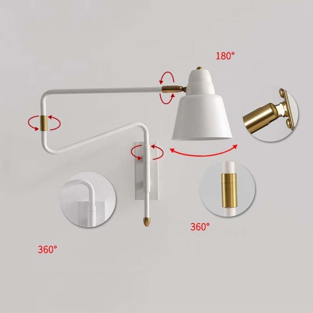 AoLa Schwenkarm Wandleuchte Verstellbar Metall Arm Wandlampe mit Schalter und Stecker Industrial Nachttischlampe Drehbare mit Kabel Langer Arm Leselampen Innen Wandspot E27 Fassung,Weiß