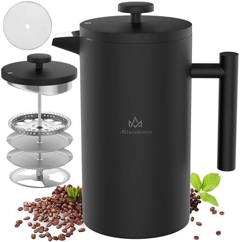 Miscedence French Press Coffee Maker, 4-Layer Filtration, Double Wall 304 Stainless Steel Coffee Press, Heat Resistant Rust-Proof, Multi-Use for Coffee Tea Espresso Home Office Travel