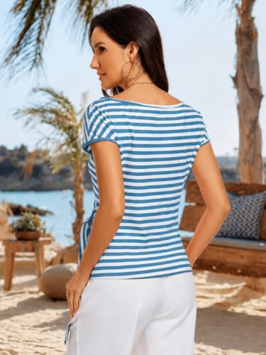 Image of HOTIAN Womens Cap Sleeve T Shirts 2026 Tie Waist Wrap Tops Crew Neck Blouses Dressy Casual Loose Work Business