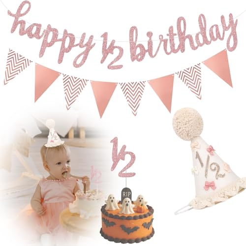 QIOOLEEO Half Birthday Decorations Set for 6 Months Party - Includes Baby Cone Hat Glitter Cake Topper Happy 1/2 Birthday Banner Triangle Flags for Baby Boy Girl Shower Photoshoot