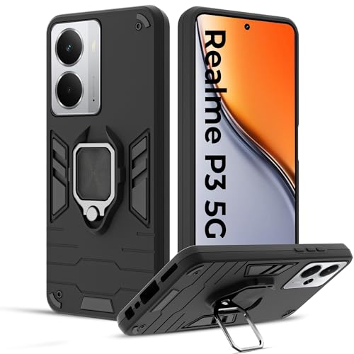 Image of A rtistque Armor Bumper Back Case Cover for Realme P3 5G | Stylish Ring Holder & Inbuilt Stand | Shockproof TPU Protective Design | 360 Degree | Back Cover - Black